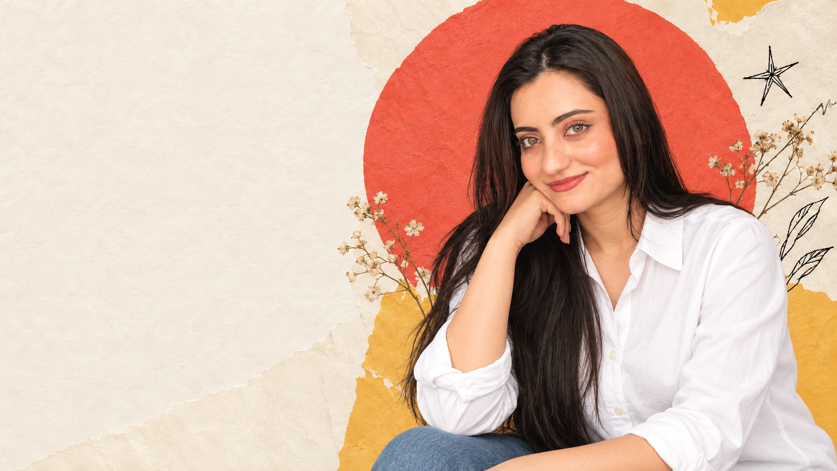 Creative studio portrait of Ujala in a plain white shirt, with a coral and yellow paper collage